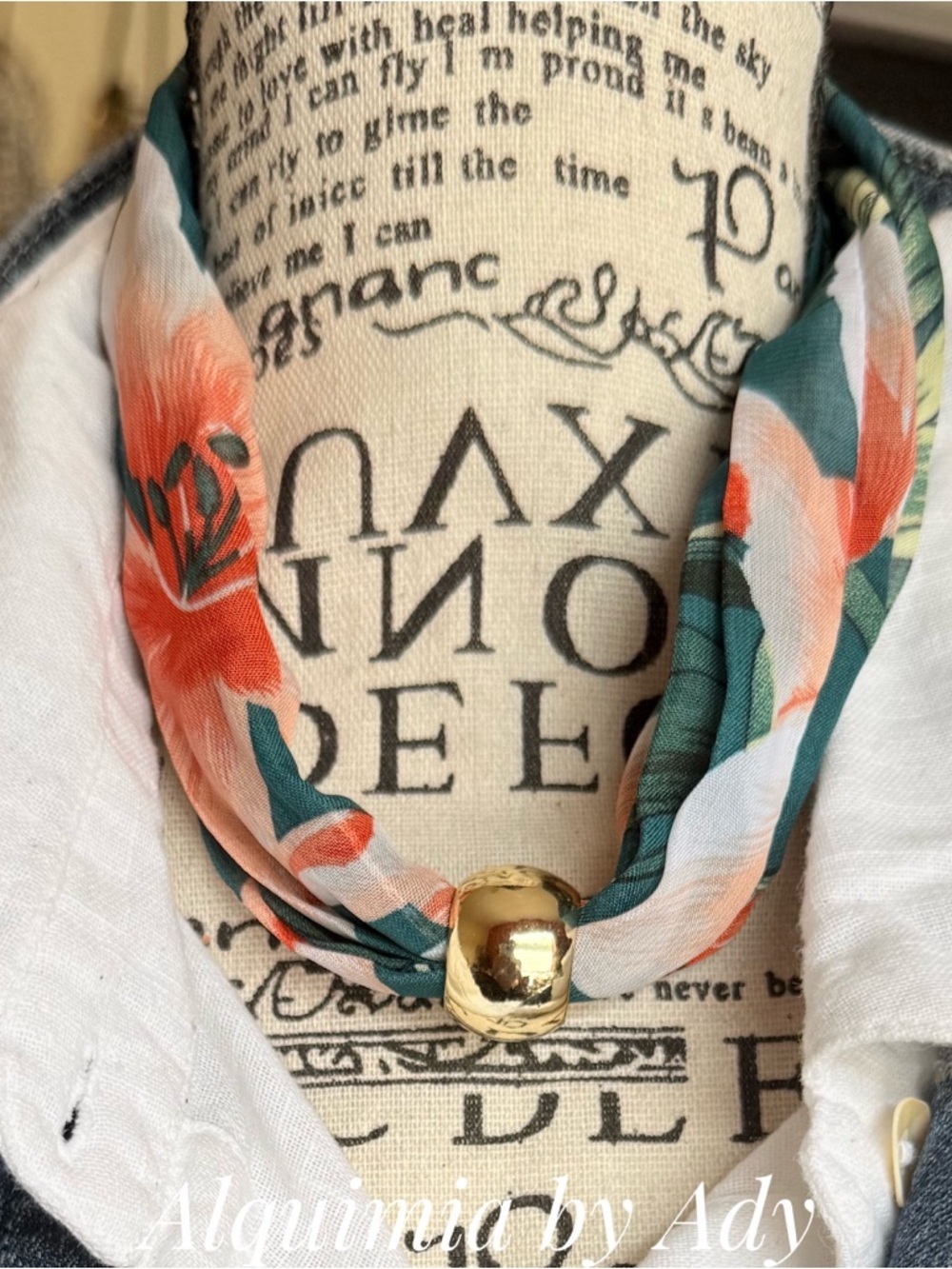Alquimia Floral Scarf Necklace in Teal, Coral & White with Gold Bead